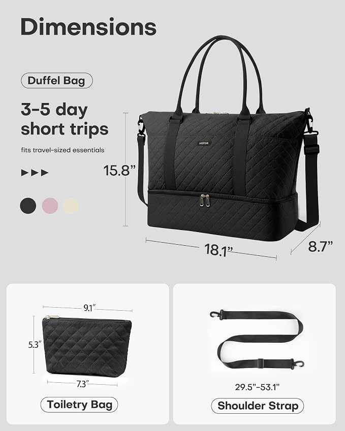 HOTOR Travel Duffel Bag - Weekender Bags for Women, Carry On Gym Tote Bags | with Toiletry Bag & Shoe Compartment, Overnight Bag for Travel Essentials and Travel Accessories, Black, 15.8"×18.1"×8.7" - Image 3