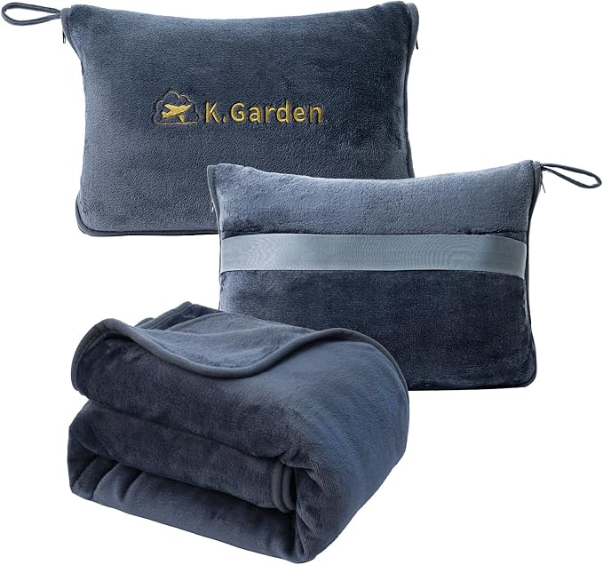 Travel Throw Blanket and Pillow- Soft 2 in 1 | Airplane Compact Flight Essentials Car Pillow Travelers Gifts Accessories Grey by KGARDEN