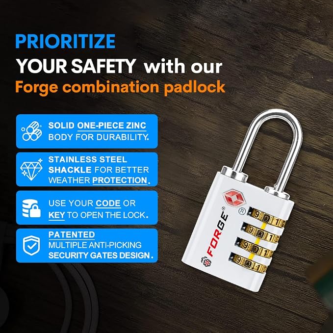 Forge Dual-Opening: Key or Combination Access Lock, TSA Approved Locks for Luggage, Pelican case, Travel, Gym, School, Stainless Steel Shackle. (White, 2 Pk) - Image 6