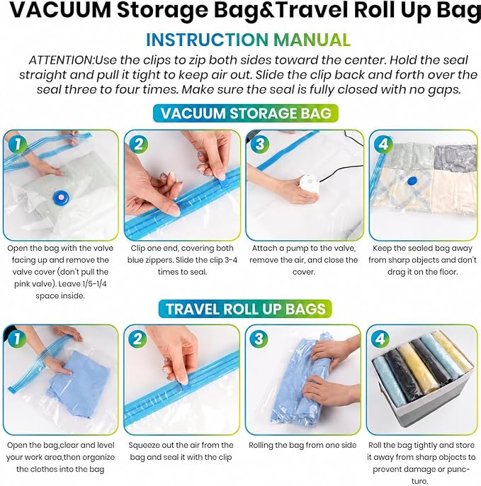 Vacuum Storage Bags,30Pack Vacuum Seal Bags with Electric Air Pump,Vacuumm Seal Bag for Clothing,Travel,Clothes,Comforters,Blankets,Pillows-6 Jumbo+6 Large+6 Medium+6 Small+6 Roll Up Space Saving Bag - Image 9