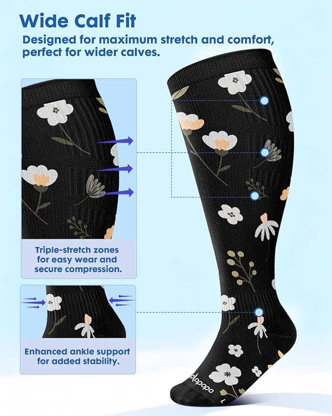 3-Pair Wide Calf Compression Socks for Women | 20-30mmHg Graduated Support, Easy On & Off, Knee High Length, Ankle Support, Travel Nurse Daily Wear, Cute Patterned - Image 4