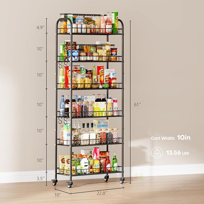 6-Tier Slim Storage Cart, Rolling Kitchen Cart with Wheels | Narrow Metal Shelf Organizer with Hooks for Kitchen, Bathroom, Living Room, Laundry, Small Spaces, Black, 10 in - Image 2
