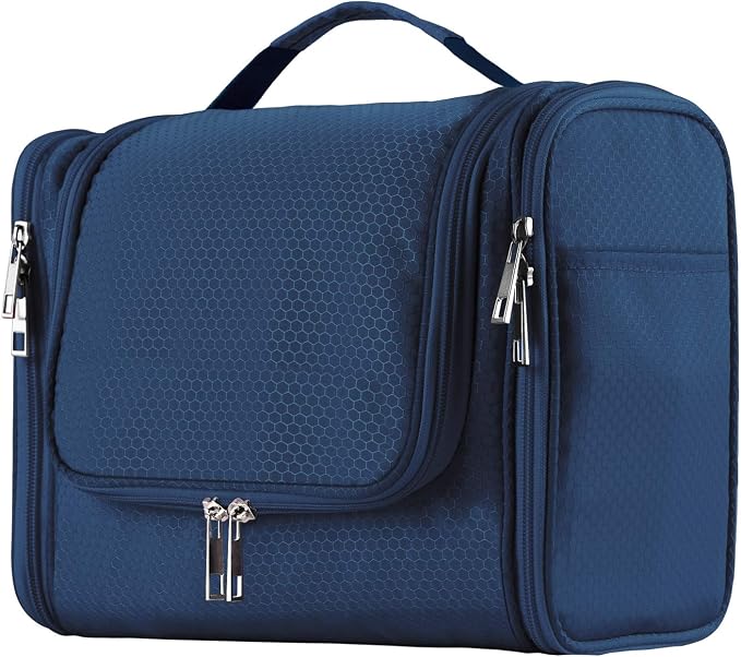 Buruis Hanging Toiletry Bag, Travel Toiletry Bag for Women and Men, Blue | Honeycomb Nylon Design, Large Capacity, Dual Zippers, Sturdy Hanging Hook, Full-Size Toiletry Storage, Cosmetic Essentials by KeepYourBathroomKitchenandHomeOrganized