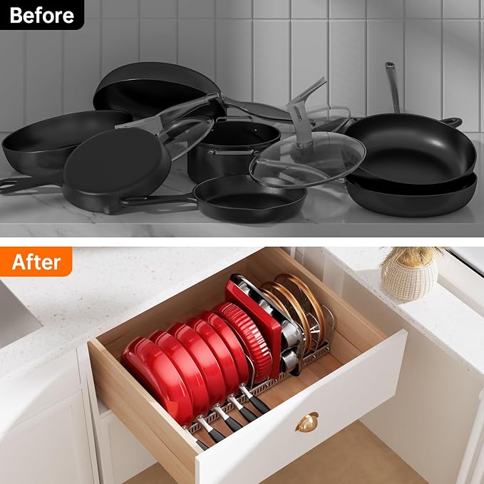 MUDEELA Expandable Pot Pan Lid Organizers inside Cabinet, 12 Divider-Silver | Expandable 11.8–22.9", 12 Adjustable Divider, Tool-Free Assembly, Non-Slip, Scratch-Proof, For Pan Lid Cutting Board Bakeware - Image 7