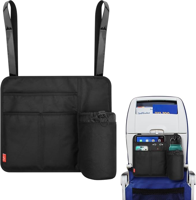 Airplane Seat Back Organizer & Storage, Airplane Tray Table Cover for Personal Items, Airline Seat Hanging Pockets Media Pouch,Reusable Travel Essentials, Fits Tablets, Cell Phone,Water Bottle (Black) by Homakover