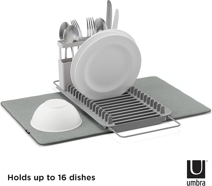Umbra Udry Dish Drying Rack, Over Sink Foldable, 16 Slots, Dark Grey | Absorbent microfiber mat, arms extend 13 to 22 inches, utensil caddy included, machine washable - Image 4