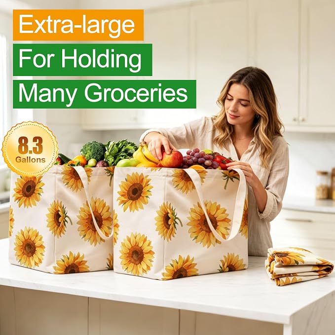 Aesthetic Canvas Reusable Grocery Bags Heavy Duty, 8.3 gal Foldable Large Tote Bag with Handles, Holds 60 lbs & Washable Eco-friendly Bags with 5 Pockets, Beige with a print 3 Bags - Image 3