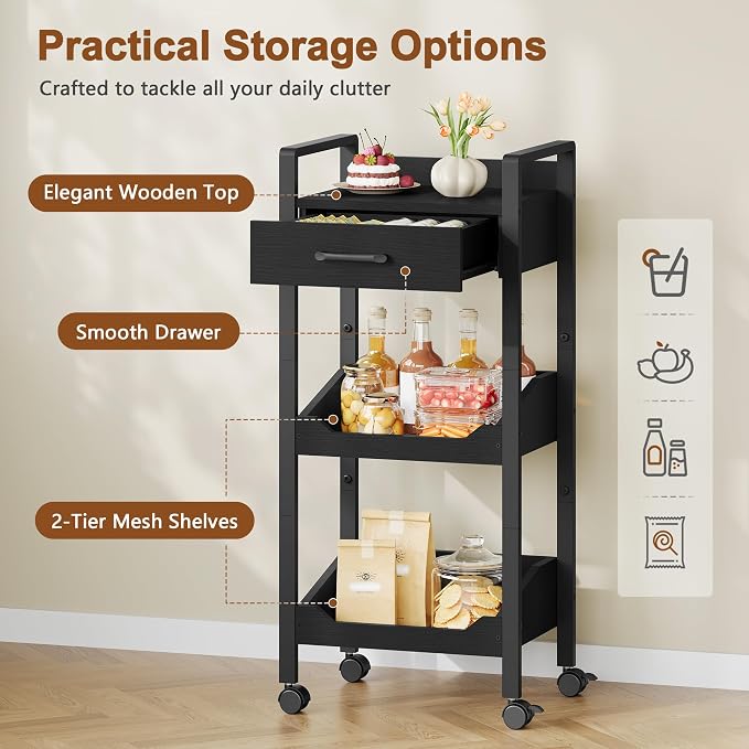 Hoctieon 3-Tier Rolling Storage Cart with Drawer, Rolling Utility Cart Organizer, Mobile Shelving Unit with Wheels, Metal Frame, Kitchen Utility Cart for Small Space, Office, Bathroom, Black - Image 5