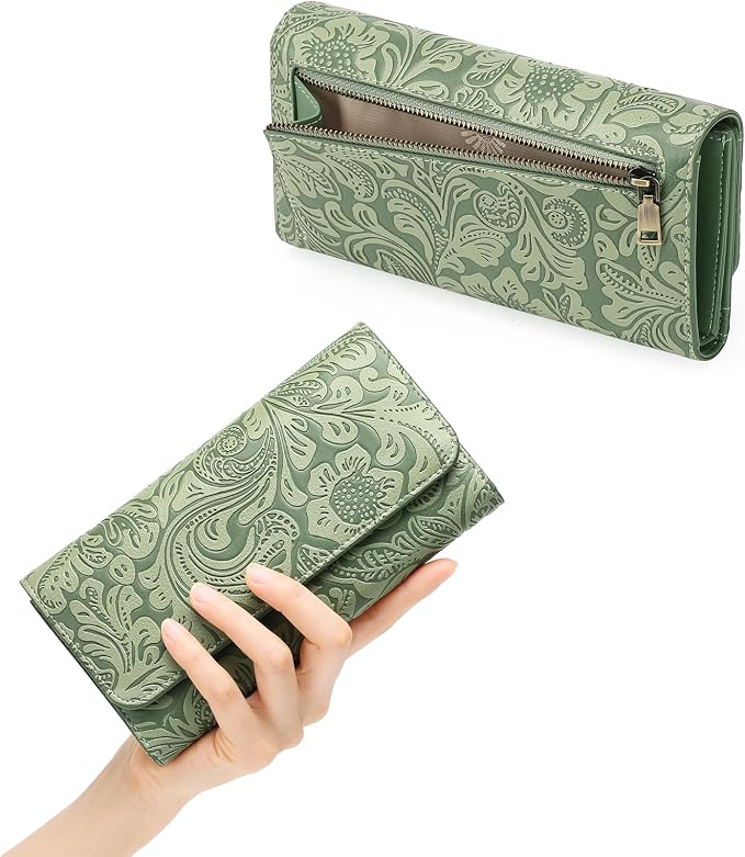 GOIACII Leather Wallets for Women RFID Blocking Western Clutch Green | Embossed Design, Trifold, Large Billfolds, Vintage Flower, Ladies Purses with Zipper Coin Pocket - Image 3