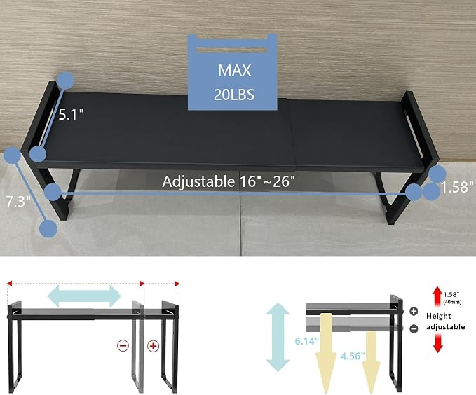 Expandable Cabinet Shelf Organizer 16-26" L Stackable Kitchen Counter Shelf Rack Stand Sink Riser Countertop Storage Black (Narrow 5.1”D) - Image 3