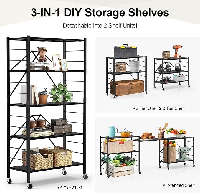 Himix 5-Tier Foldable Expandable Storage Shelves Wheels Kitchen 2-in-1 Rack | Folding shelving units, Metal collapsible organization, Changeable into 2 shelf units, Adjustable, Garage, Holds 2400 Ibs - Image 3