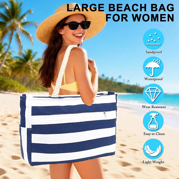 Fammart Beach Bags Waterproof Sandproof for Women, Large Canvas Pool Bag with Leakproof Wet Pocket & Zipper Cruise Essentials - Image 2