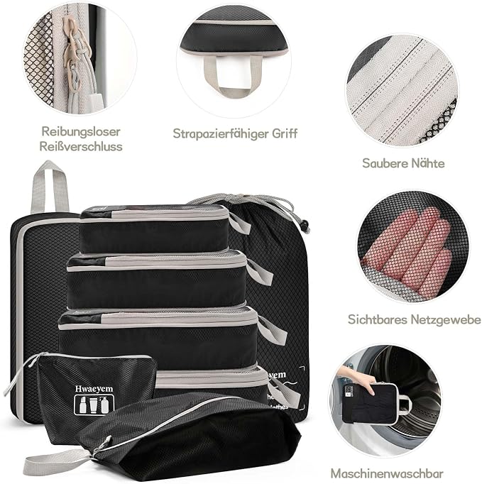 Compression Packing Cubes 8 Set, Dual Zipper Compression Packing Cubes for Travel, See-Through Mesh Packing Bags for Suitcases, Packing Cube with Shoe Bag (Black) - Image 8