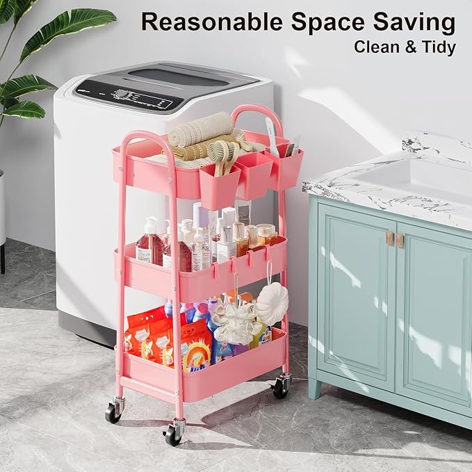 3 Tier Metal Rolling Cart with Lockable Wheels and Handle,Three Tiered Cart | Pink Roller Trolley on Wheels, Utility Storage Organizer for Bathroom, Kitchen, Teachers, Art, Crafts, Baby Diaper,Snack,Nail - Image 4