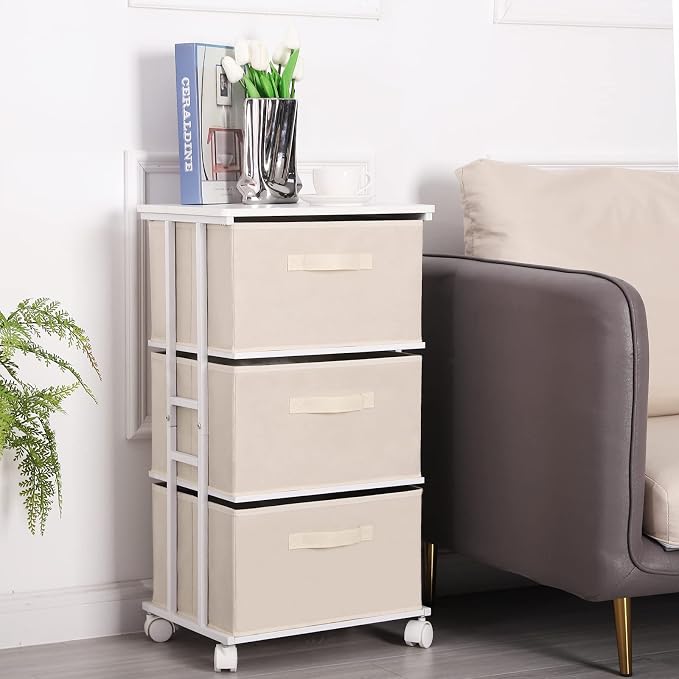 MAX Houser Dresser Tower with 3 Drawers for Bedroom, Fabric Storage Organizer Unit, Chest of Drawers with with WoodTop, Small Vertical Storage for Guest Room, Closet, Entryway(Beige) - Image 7