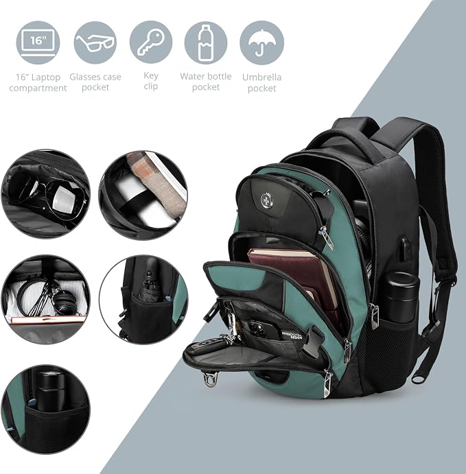 Swissdigital Design Laptop Backpack with USB Charging Port, Travel Backpack Fits 15.6 inches Computer, 31L College School Backpack for Men, Lake Green/Black | SD803-27 - Image 4
