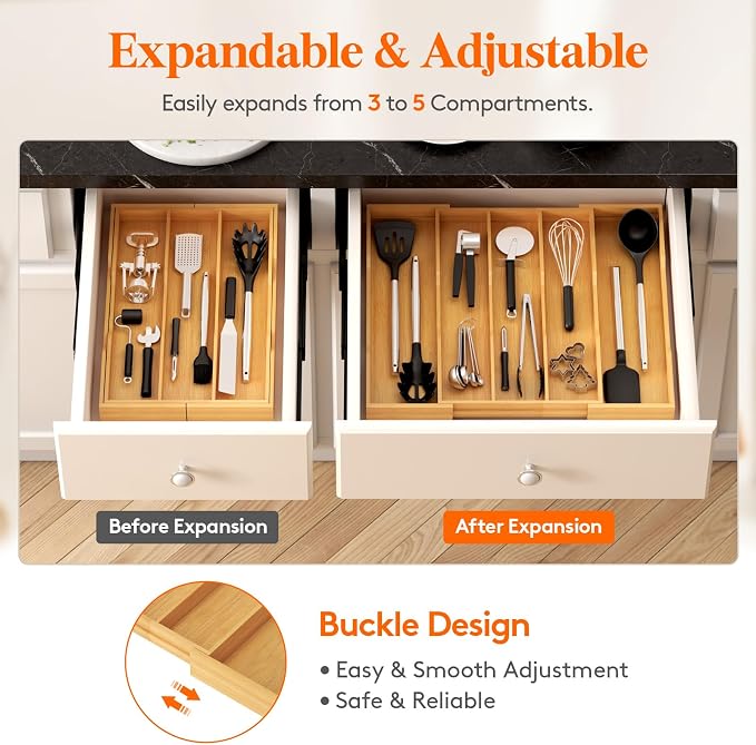 Lifewit Utensil Drawer Organizer, Expandable Kitchen Tool Tray | Wood Adjustable Flatware and Spatula Storage Divider, 11-19.7 x 17 x 1.8“, Natural - Image 8