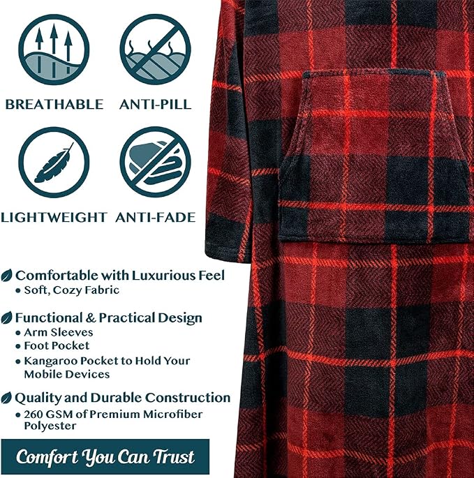 PAVILIA Fleece Blanket with Sleeves, Foot Pockets for Women Men Adults, Plush Wearable Blanket Throw Wrap, Warm Snuggle Blanket Robe, Cozy Gift Ideas Wife Mom, Plaid Red - Image 4