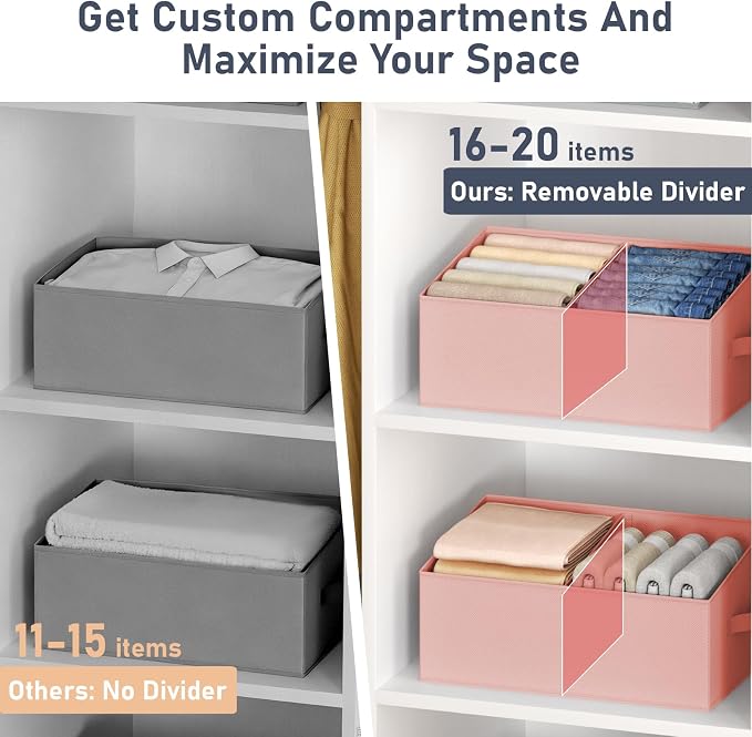 DIMJ Large Closet Shelf Organizer Bins 8 Packs with Handles and Divider, Fabric Trapezoid Storage Baskets, Foldable Clothes Containers Box for Shelf, Towel, Book, Toy, Purse, Hats, Pink - Image 3