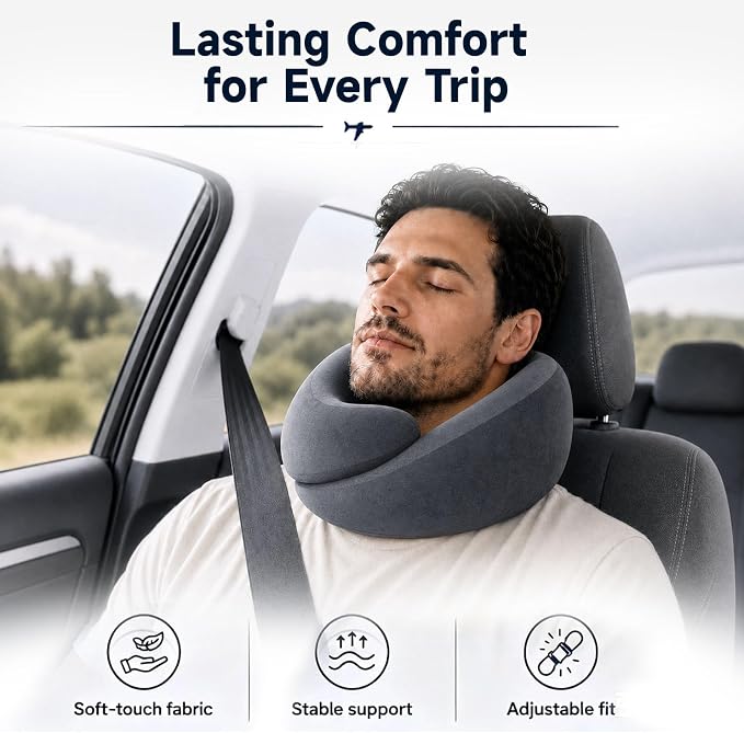 Airplane Travel Pillow, Wrap-Around Neck Support for Long Flights, Gray | Wrap-Around Neck Support Helps Keep Your Head Upright on Long Flights, with Eye Mask and Earplugs - Image 5