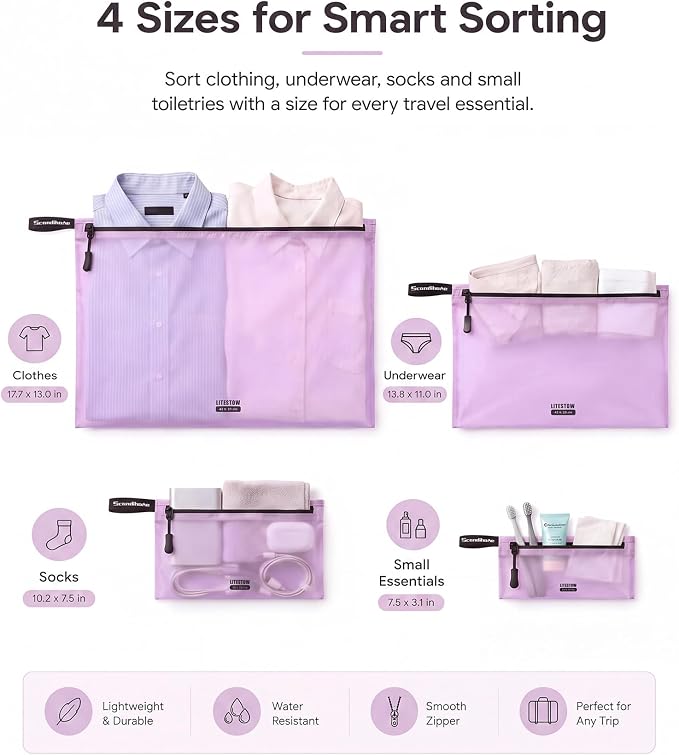 Ultralight Travel Organizer Bags, 4 Set Lightweight Zipper Pouches for Packing, Soft Packing Cubes for Carry-On Suitcase, Clothes, Underwear, Toiletries and Small Essentials, Lavender Purple - Image 2