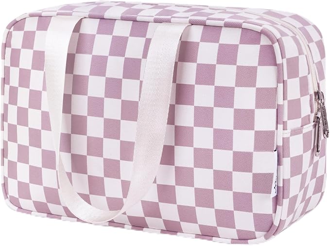 Narwey Large Checkered Travel Toiletry Bag Women Toiletries Bag Pink Makeup Bag Organizer Make up bag Cosmetic Bag Medicine Bag for Girls (Dusty Rose Checkerboard, Large) by Narwey