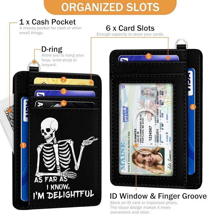 Yonlevres Skeleton Credit Card Holder Slim RFID Wallet Women Wristlet Funny | Front Pocket, Handy, RFID Blocking, Woman Girls Ladies Gifts, D-ring for Keychain,Thin Mini Card Case, ID Window, PU Leather - Image 4
