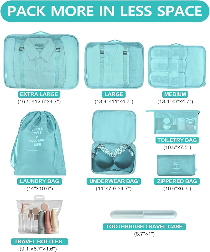 11 Set Packing Cubes for Travel, Anti-Tearing Suitcase Organizer | Luggage with Shoe & Hanging Toiletry Bag, 7 Travel Packing Cubes, Green, 1 Clear Toiletries Bag , 3 Portable Toothbrush Cases - Image 3