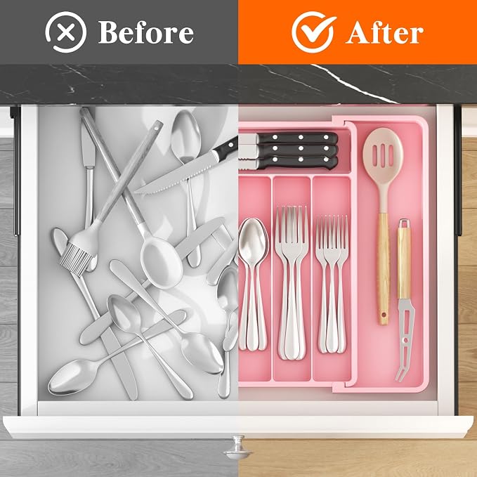 Lifewit Expandable Silverware Drawer Organizer, Kitchen Utensil Tray | BPA-free Plastic Flatware Cutlery Holder, Space-Saving Storage for Spoons Forks Knives, 11-18 x 14 x 1.5“, Pink - Image 5