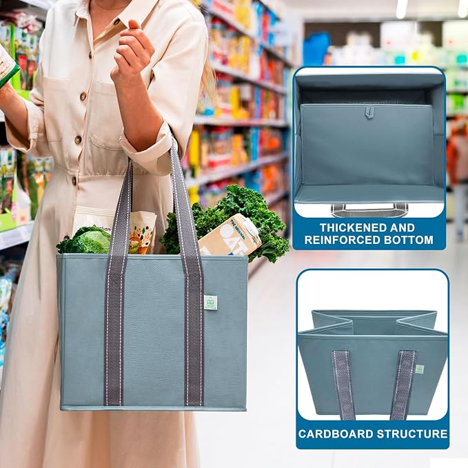 VENO 3 Pack Heavy Duty Reusable Grocery Shopping Bags Utility Tote | Water Resistant, Storage Box with Sturdy Handles & Hard Bottom, Foldable for Groceries Shopping Cart Storage(Blue, 6 Gallon) - Image 4