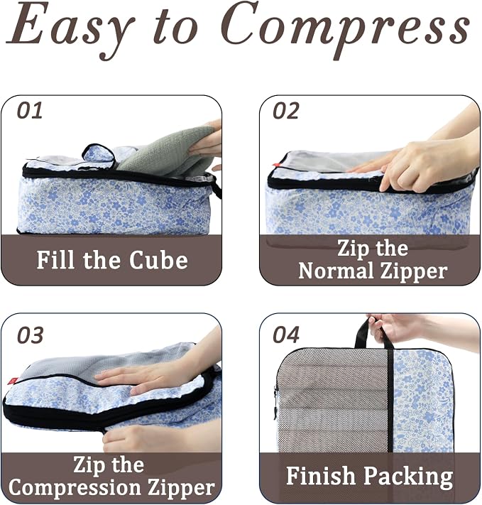U+U 8 Set Compression Packing Cubes, Travel Organizers (Blue Flower) | Space-Saving & Lightweight Travel - Image 6