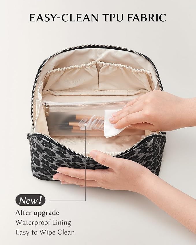 EACHY Travel Makeup Bag for Women, Flat Open Leopard Print Cosmetic Bag | Leopard-print PU leather cosmetic bag opens flat with dividers and clear TPU brush pocket for makeup and travel essentials - Image 3