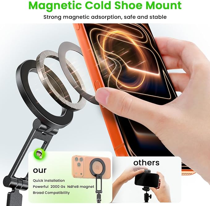 LOXP Magnetic Phone Tripod Mount with Cold Shoe and Adapter with 1/4" Screw | Adjustable Aluminum Alloy Phone Mount, Camera Mount for iPhone 17/16/15/14/13/12 Series - Image 3