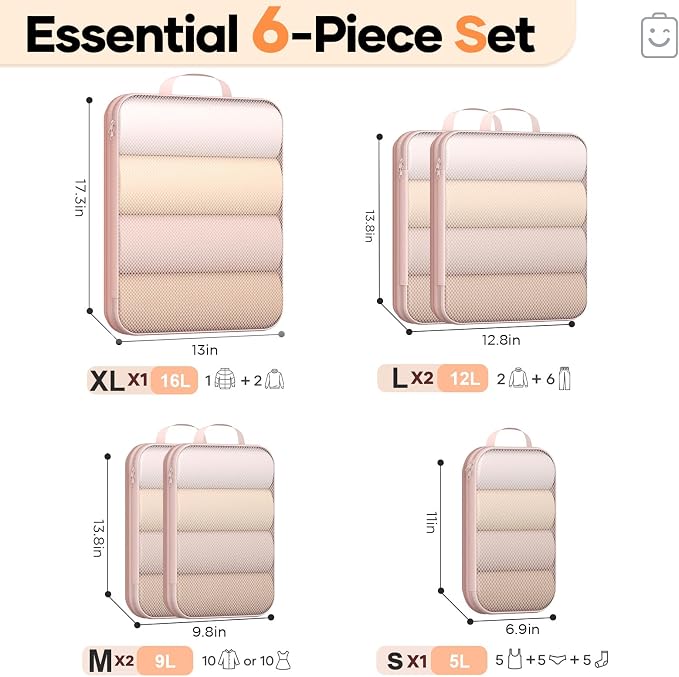 Veken 6/9/11 Set Compression Packing Cubes Garment Bags for Travel Essentials,Compressible Expandable Luggage Organizer Bags for Clothing,Space Saver Bags with Over 1000 pcs of Mesh Holes(Beige) - Image 2