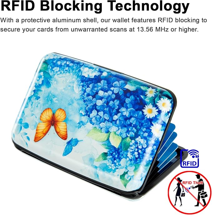 Credit Card Holder for Women Men RFID Blocking Wallet Small Business Metal Slim Mini Aluminum Hard Case (Hydrangeas Butterflies) - Image 3