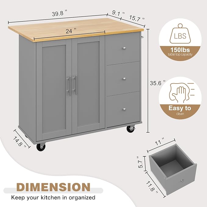 Shintenchi Kitchen Island with Folding Drop Leaf, Rolling Island Table with Storage, Kitchen Cabinet on Wheels with Seating Area for Kitchen, Bar Cart with Cabinet, Gray - Image 3