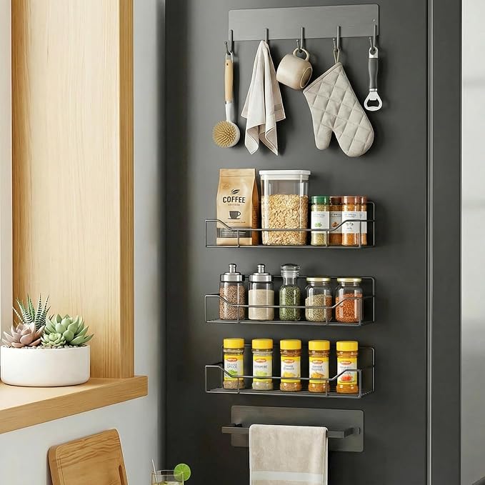 Magnetic Spice Rack for Refrigerator, 5 Pack Magnetic Fridge Organizer Shelves, Strong Magnet, No Drilling, Space Saving Shelf Organizer for Kitchen, Refrigerator & Laundry Room Storage (Grey) by Unknown