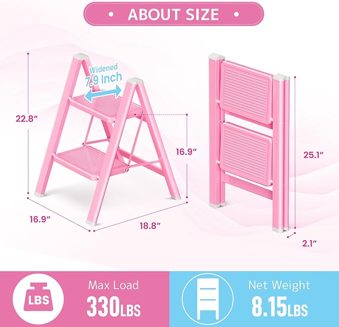 2 Step Ladder, Foldable Step Stool with Widened Pedal, Pink | Sturdy Carbon Steel, Anti-Slip Feet, Portable, 330LBS Capacity, Space Saving, for Kitchen, Bedroom, Pantry Use - Image 6
