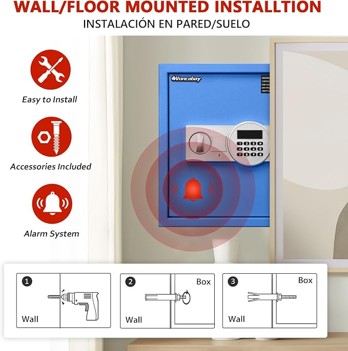 Voncabay Money Safe Box for Home with Digital Keypad, 1.5 Cu. Ft., Blue | Alloy Steel, 2 Fireproof Bags, Digital Keypad with Display, Removable Shelf, Alarm System, 14 x 13 x 13 In. - Image 3