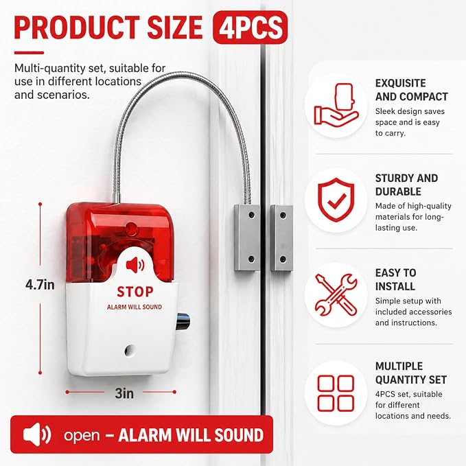4 Pcs Exit Stopper Door Alarm with 110db Siren Emergency Door Alarms When Opened, Easy Installation Battery Powered Magnetic Sensor for Unauthorized Entry Prevent Commercial Warehouse Retail - Image 2