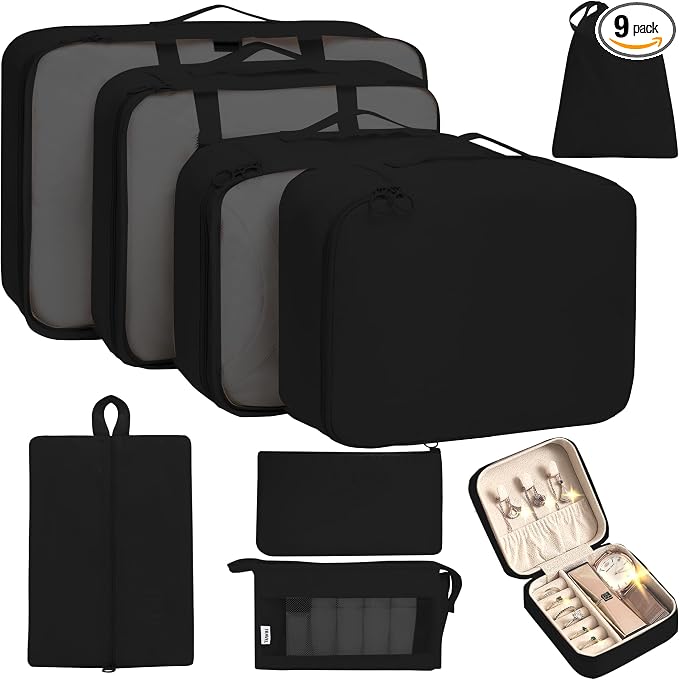 9 Set Packing Cubes for Carry on Suitcase Travel Organizer Bags for Luggage Suitcase Organizer Bags Packing Cube Set for Packing Women Men (Black) by TRAILKICKER