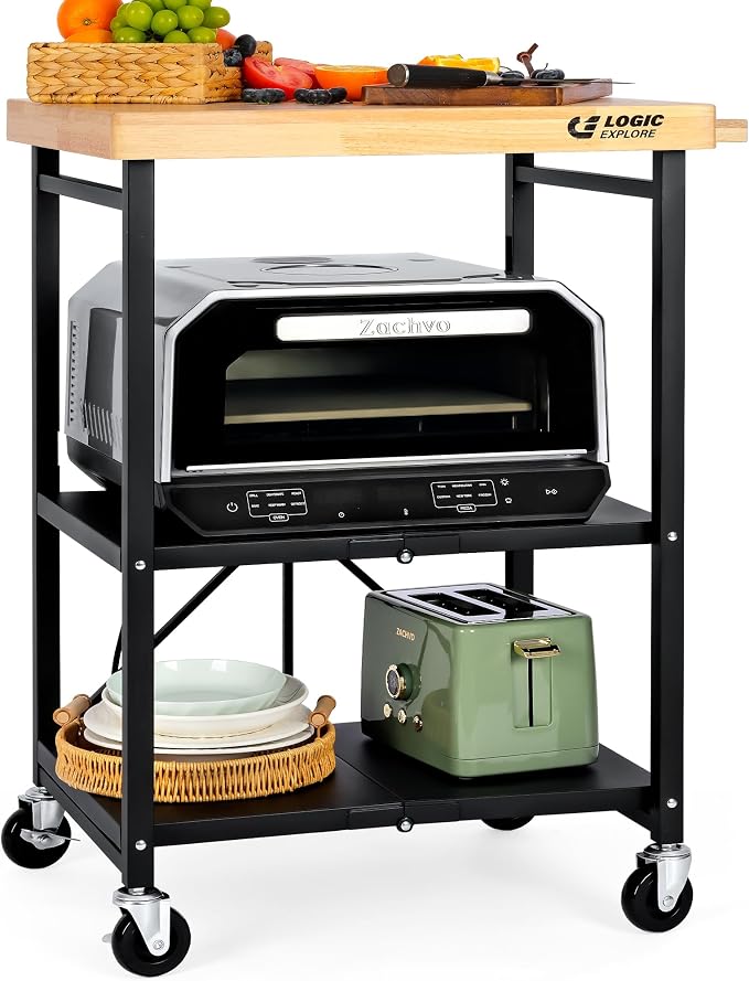 Foldable Kitchen Storage Cart, Solid Oak Top, Locking Wheels | Foldable 3-tier kitchen cart with solid oak top, metal frame and lockable wheels for a microwave, toaster oven and meal prep. by Logicexplore
