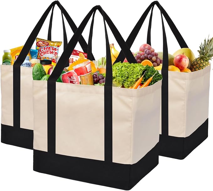 Large Canvas Tote Bag for Women, Shopping Bags for Groceries with Pockets | 14.6 x 10.2 x 13 in Holds 60 lbs Washable Eco-friendly Tote Bags for Shopping/Picnics/Beach/Laundry, Off White+Black 3 Pack - Image 7