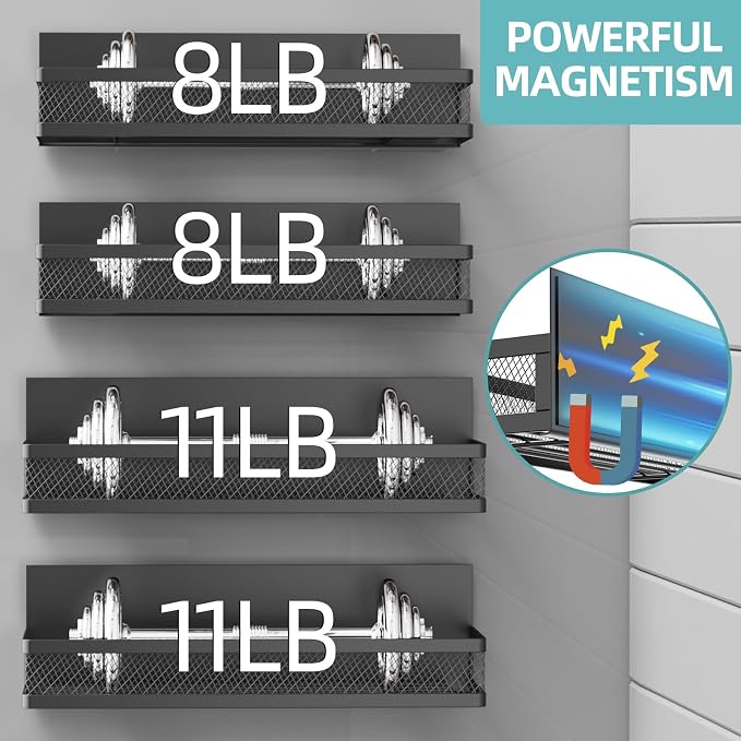 Magnetic Spice Rack for Refrigerator, 4 Pack Magnetic Shelf with 10-Hook Rack, Carbon Steel, Black, for Kitchen Organizers and Storage - Image 2