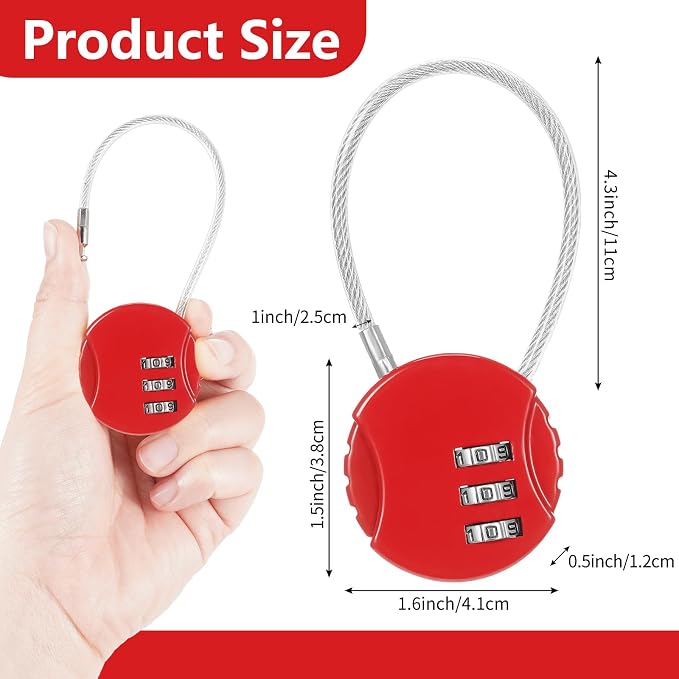 8 Pack 3 Digit Combination Cable Padlock,Red | Resettable for Gym Locker Luggage Backpack, Waterproof Outdoor Security, Small Combo Lock for Travel School Storage - Image 2