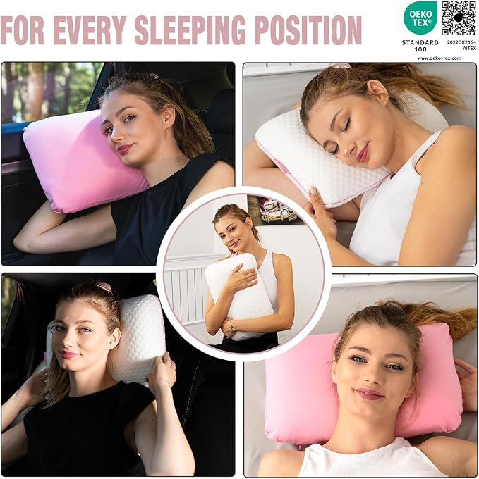 alkamto Travel & Camping Comfortable Memory Foam Pillow – Easy to Carry Portable Bag – Temperature Regulating Pillow Case (Pink + Extra Cover) - Image 5