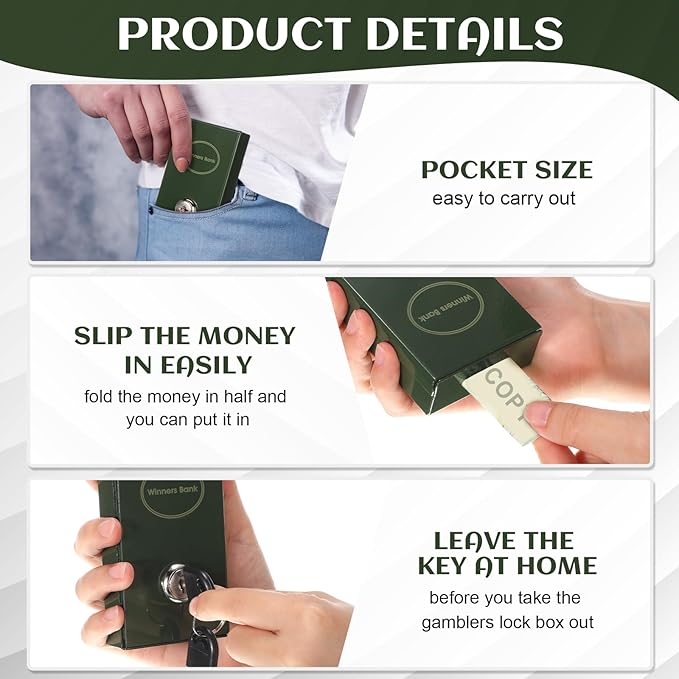 Reallnaive 1 Pack Metal Box for Gamblers Pocket Sized Winner Bank Casino Cash Box with 2 Keys Portable Casino Money Safe strongbox for Cash Saving Go Home Money Gifts(Atrovirens,Classic) - Image 4