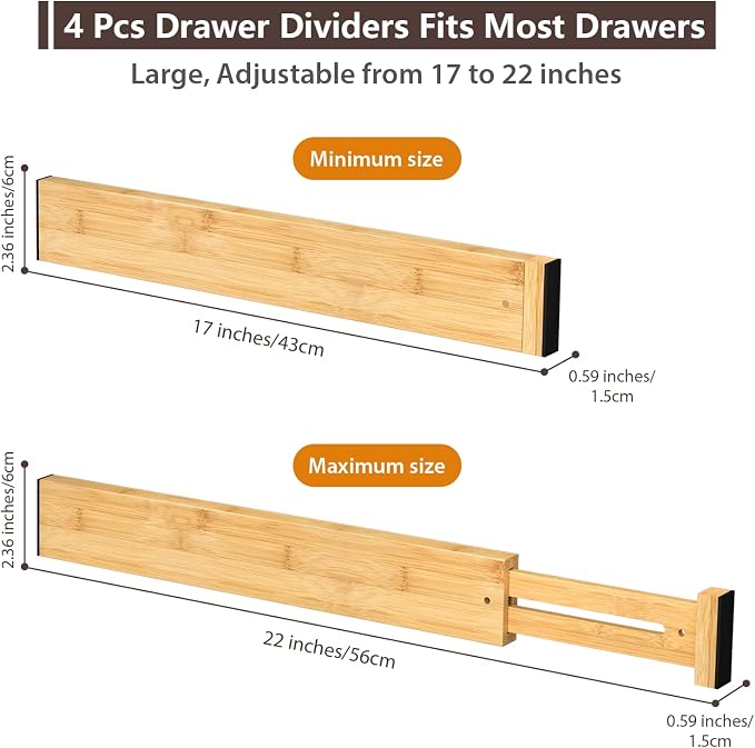 4 PCS Drawer Divider, 17"-22" Adjustable Bamboo Drawer Dividers Organizers, Expandable Separators for Kitchen, Clothes, Dressers, Home, Office - Image 2