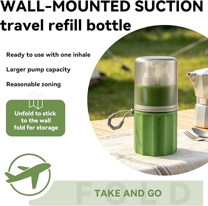 4 in 1 Travel Dispenser，Unbreakable Silicone Travel Dispenser Bottle, Vacuum Suction Wall Mounted Refillable Containers,Leakproof Toiletry Containers for Shampoo, Lotion, Baby Care-Green. - Image 5