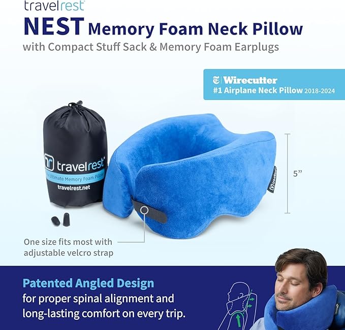 TRAVELREST Nest Neck Pillow Travel Essentials - Memory Foam Support - Blue | Breathable, Compact, Soft and Comfortable Design, Head & Shoulder Support For Long Flight Travel, Lightweight Washable Cover - Image 2